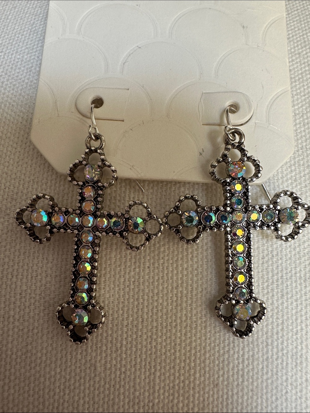Silver Cross Drop Earrings with Iridescent Rhinestones